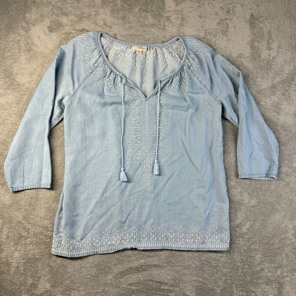 J. Jill Denim Top Women's Extra Small Blue Chambray Embroidered Blouse Tassels